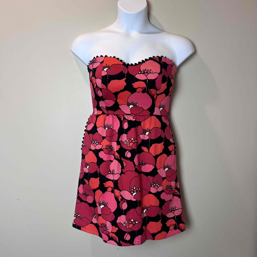 Judith March Pink Large Floral Print Sweetheart Neckline Pleated Strapless Dress - Picture 2 of 13